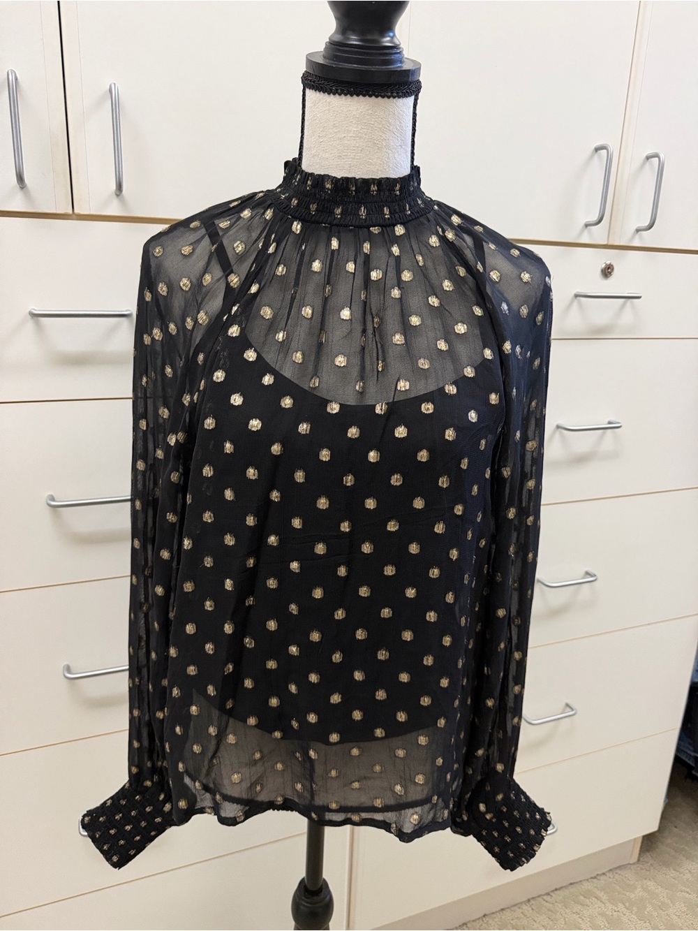 NWOT Evereve Black Sheer Blouse with Gold Dot Detail